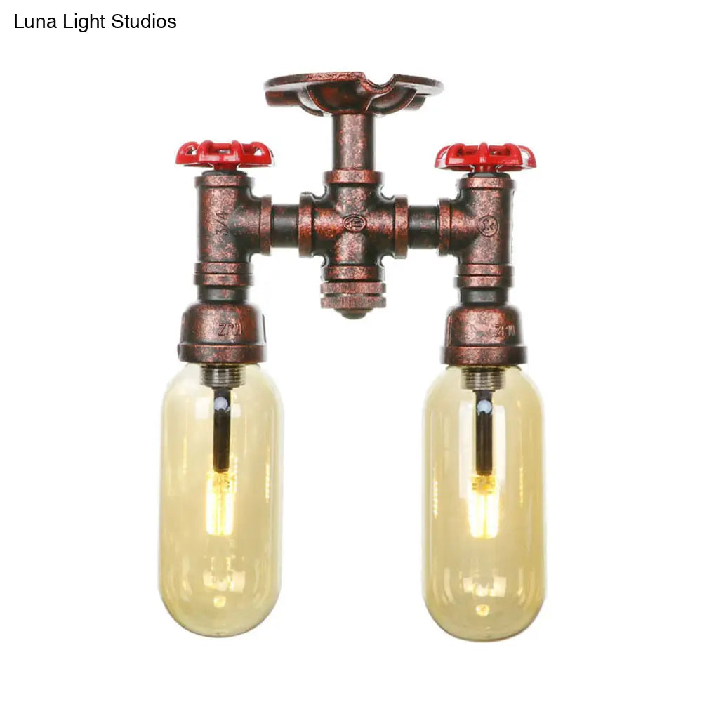 وحدة إضاءة صناعية شبه مستوية من ديكوربايتس™ لغرفة الطعام مصنوعة من زجاج العنبر، مصنوعة من النحاس المتآكل - غطاء كبسولة، مصباحان