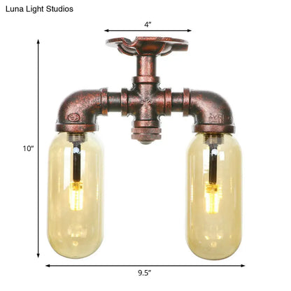 وحدة إضاءة صناعية شبه مستوية من ديكوربايتس™ لغرفة الطعام مصنوعة من زجاج العنبر، مصنوعة من النحاس المتآكل - غطاء كبسولة، مصباحان