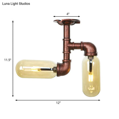 وحدة إضاءة صناعية شبه مستوية من ديكوربايتس™ لغرفة الطعام مصنوعة من زجاج العنبر، مصنوعة من النحاس المتآكل - غطاء كبسولة، مصباحان