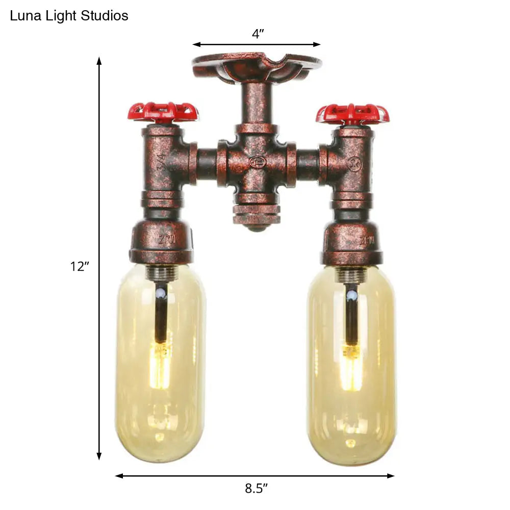 وحدة إضاءة صناعية شبه مستوية من ديكوربايتس™ لغرفة الطعام مصنوعة من زجاج العنبر، مصنوعة من النحاس المتآكل - غطاء كبسولة، مصباحان