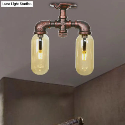 وحدة إضاءة صناعية شبه مستوية من ديكوربايتس™ لغرفة الطعام مصنوعة من زجاج العنبر، مصنوعة من النحاس المتآكل - غطاء كبسولة، مصباحان