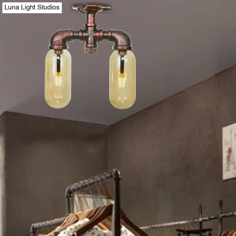 وحدة إضاءة صناعية شبه مستوية من ديكوربايتس™ لغرفة الطعام مصنوعة من زجاج العنبر، مصنوعة من النحاس المتآكل - غطاء كبسولة، مصباحان