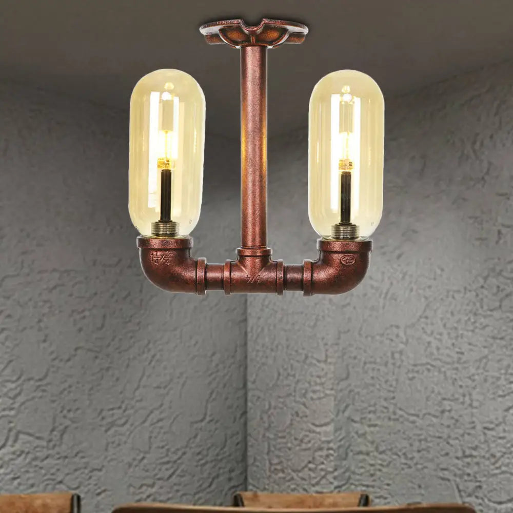 وحدة إضاءة صناعية شبه مستوية من ديكوربايتس™ لغرفة الطعام مصنوعة من زجاج العنبر، مصنوعة من النحاس المتآكل - غطاء كبسولة، مصباحان