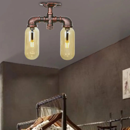 DecorBites™ Amber Glass Semi Flush Industrial Dining Room Light Fixture in Weathered Copper - Capsule Shade, 2-Bulb