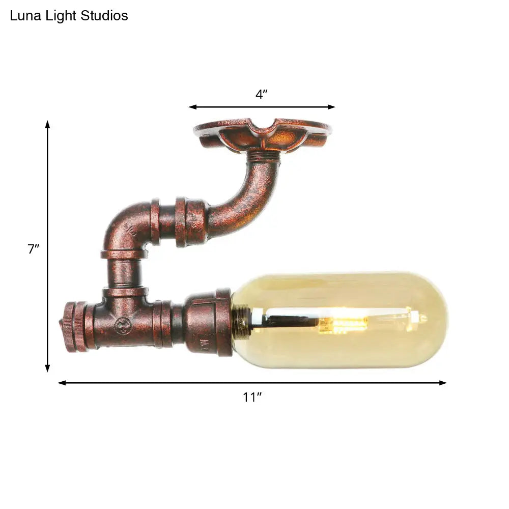 وحدة إضاءة بيضاوية شبه مستوية من ديكوربايتس™ مصنوعة من زجاج العنبر والنحاس المتآكل بتصميم أنابيب صناعية لغرفة المعيشة