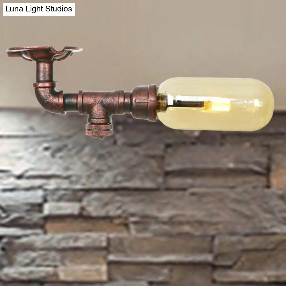 وحدة إضاءة بيضاوية شبه مستوية من ديكوربايتس™ مصنوعة من زجاج العنبر والنحاس المتآكل بتصميم أنابيب صناعية لغرفة المعيشة