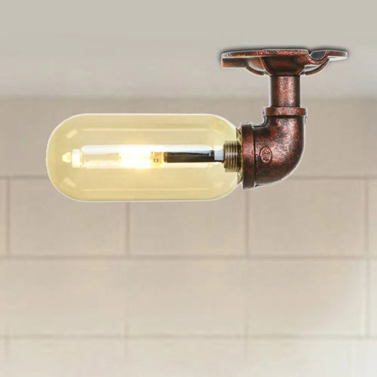 DecorBites™ Amber Glass Semi Flush Oval Shade Light Fixture in Weathered Copper with Industrial Pipe Design for Living Room