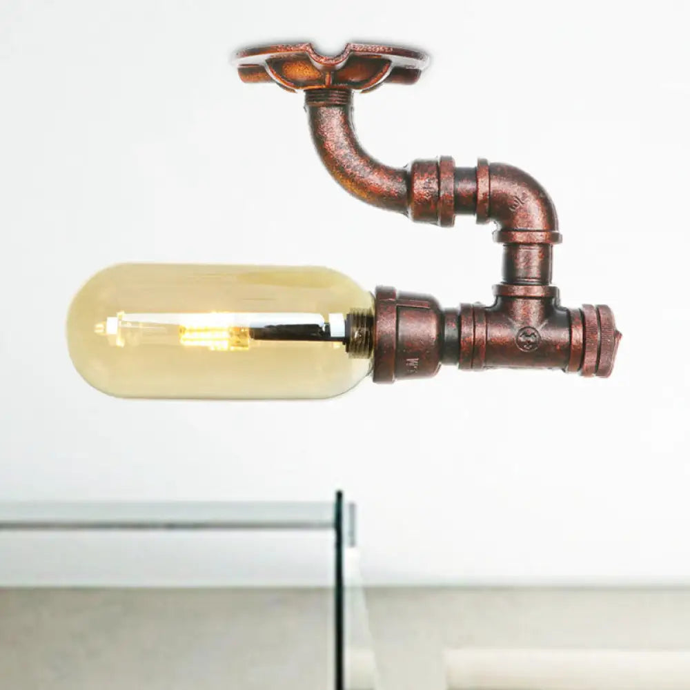 وحدة إضاءة بيضاوية شبه مستوية من ديكوربايتس™ مصنوعة من زجاج العنبر والنحاس المتآكل بتصميم أنابيب صناعية لغرفة المعيشة