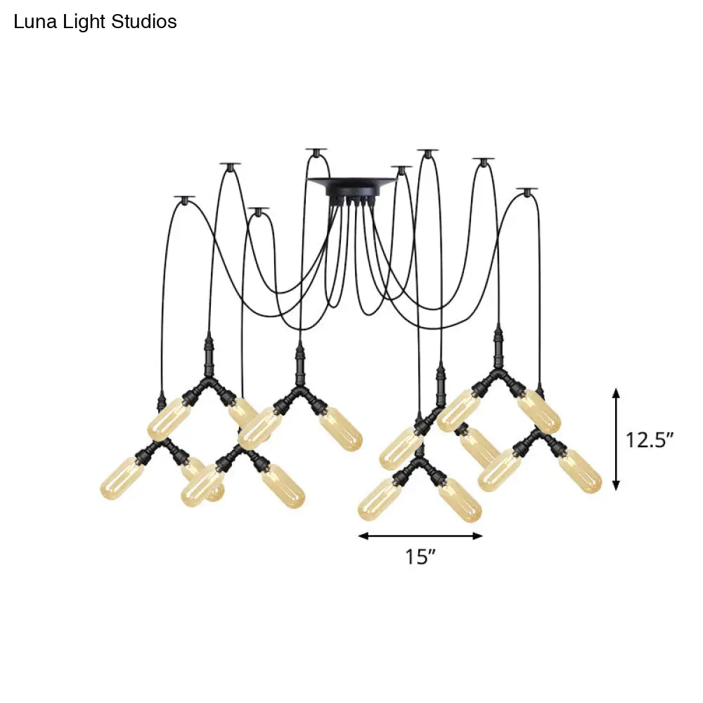 Amber Glass Swag LED Ceiling Lamp - Industrial Capsule Multi Hanging Light (4/6/12-Head) in Black