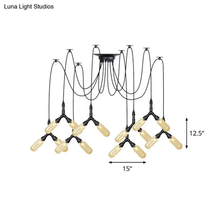 Amber Glass Swag LED Ceiling Lamp - Industrial Capsule Multi Hanging Light (4/6/12-Head) in Black