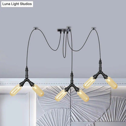 Amber Glass Swag LED Ceiling Lamp - Industrial Capsule Multi Hanging Light (4/6/12-Head) in Black