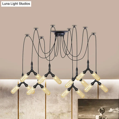 Amber Glass Swag LED Ceiling Lamp - Industrial Capsule Multi Hanging Light (4/6/12-Head) in Black