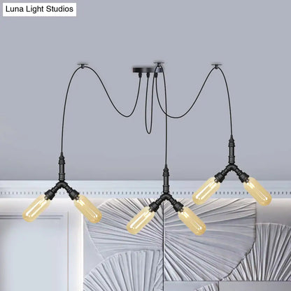 Amber Glass Swag LED Ceiling Lamp - Industrial Capsule Multi Hanging Light (4/6/12-Head) in Black