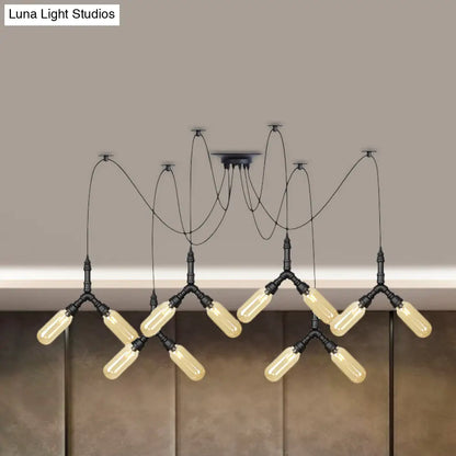 Amber Glass Swag LED Ceiling Lamp - Industrial Capsule Multi Hanging Light (4/6/12-Head) in Black