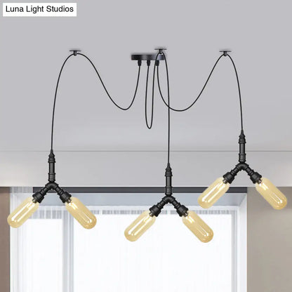 Amber Glass Swag LED Ceiling Lamp - Industrial Capsule Multi Hanging Light (4/6/12-Head) in Black