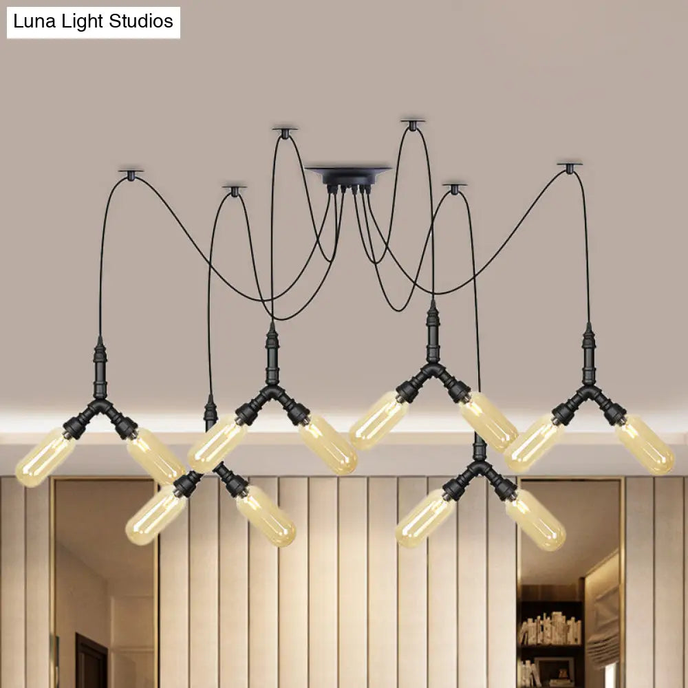 Amber Glass Swag LED Ceiling Lamp - Industrial Capsule Multi Hanging Light (4/6/12-Head) in Black