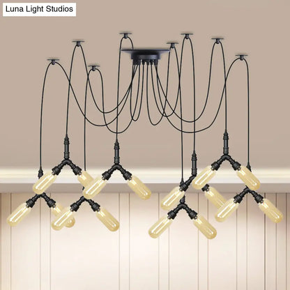 Amber Glass Swag LED Ceiling Lamp - Industrial Capsule Multi Hanging Light (4/6/12-Head) in Black