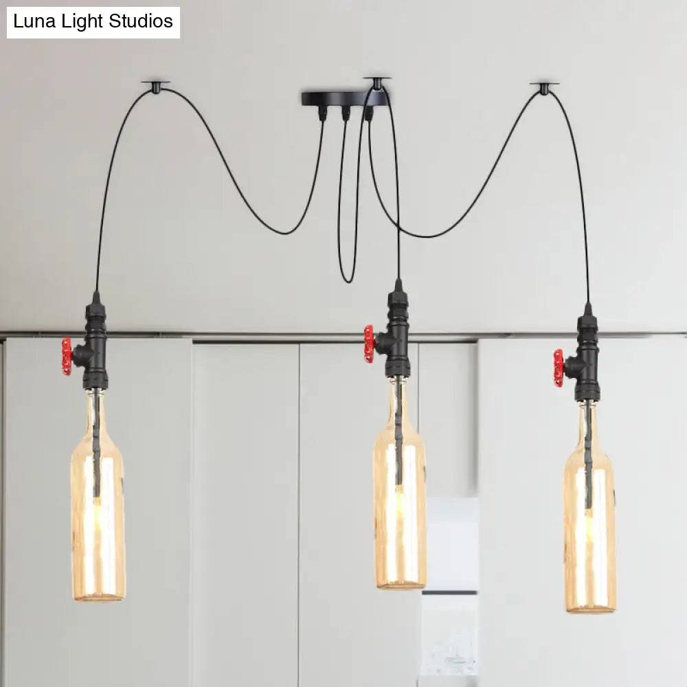 Amber Glass Swag Suspension Lamp - Industrial Bottle Pendant Light 2/3-Head in Black