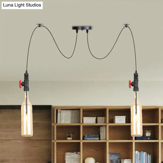 Lámpara colgante tipo swag de cristal ámbar - Lámpara colgante industrial tipo botella de 2/3 luces en negro