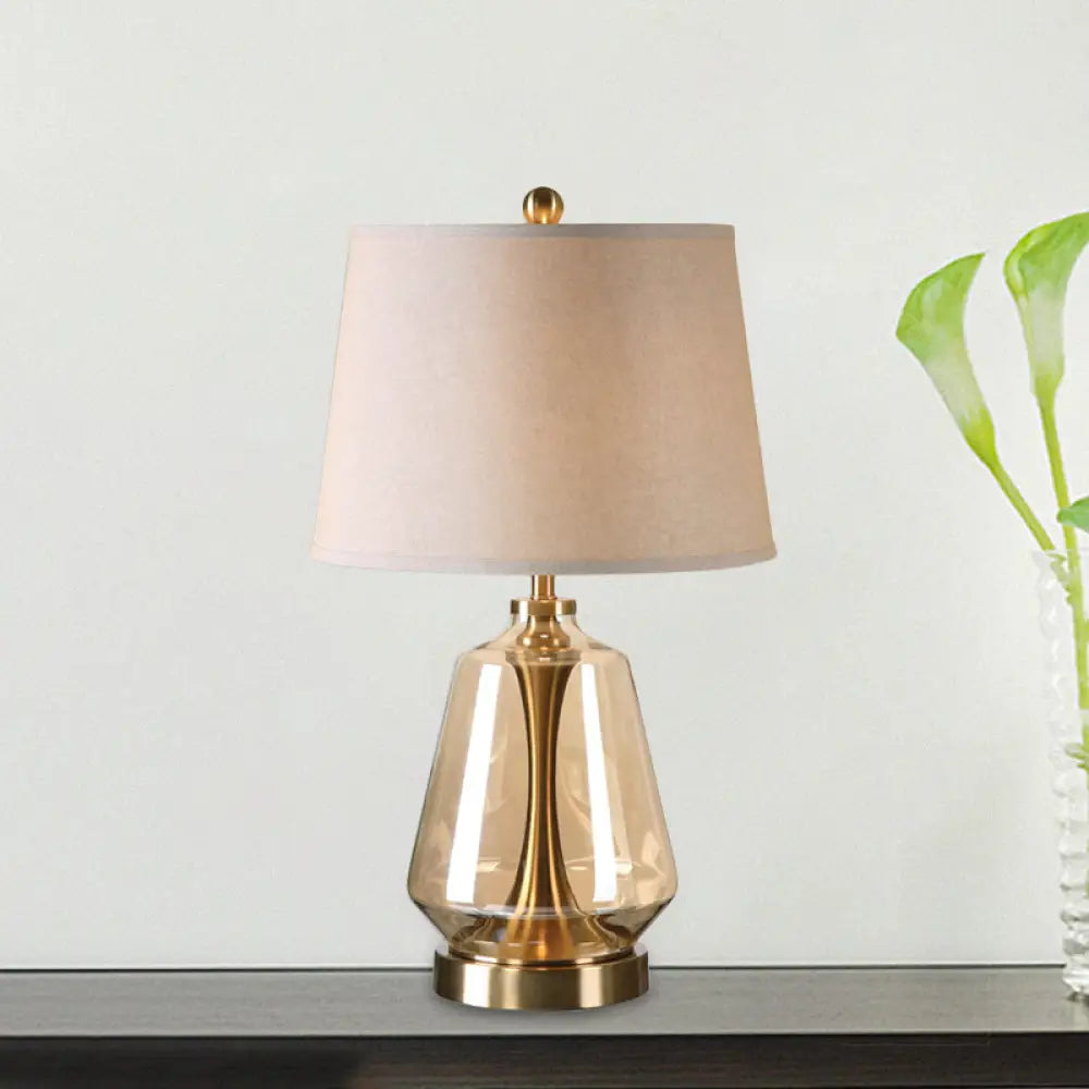 Lámpara de mesa tipo torre de cristal ámbar - Diseño modernista con 1 luz, pantalla de tela blanca - Ideal para la sala de estar