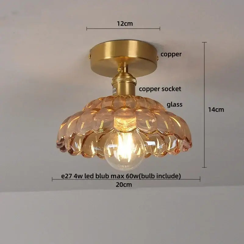 Vintage-style ceiling light with copper led base and amber glass petal shade for dining room wood copper led lighting