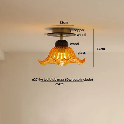 Golden amber glass ceiling light with fluted design and wood copper led mounting hardware for dining room use