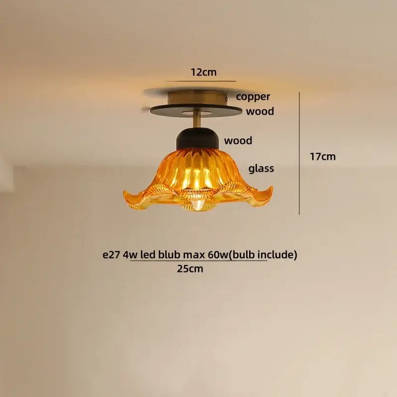 Golden amber glass ceiling light with fluted design and wood copper led mounting hardware for dining room use