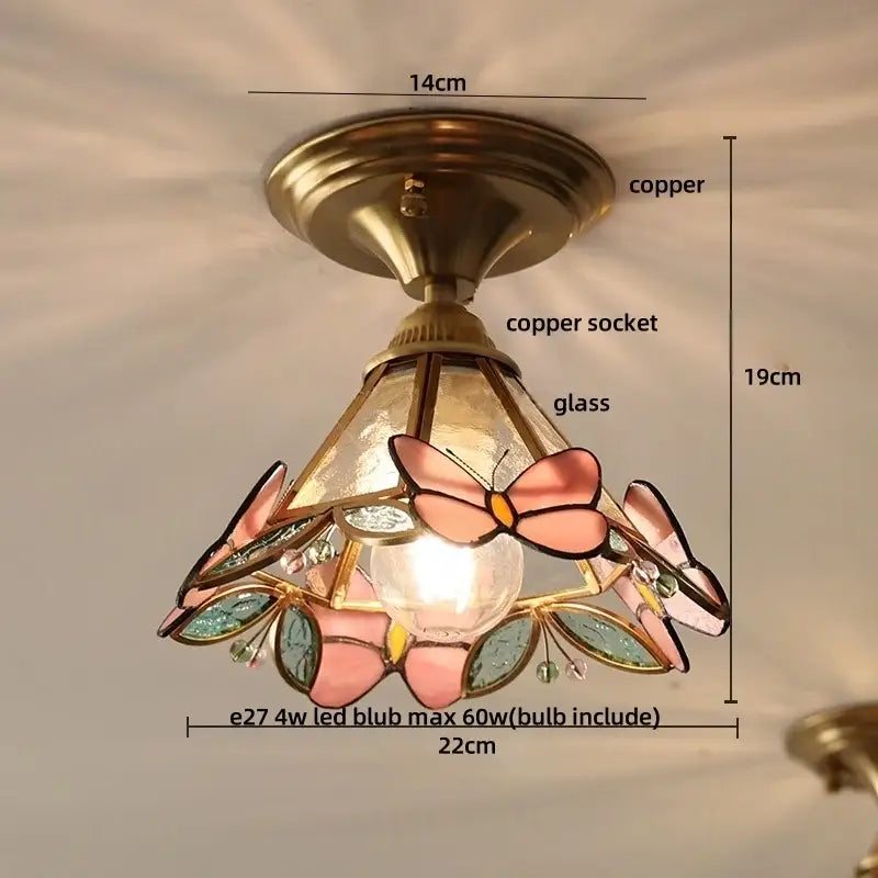 Decorative copper led ceiling light with amber glass, wood copper led frame, and pink green stained-glass butterflies