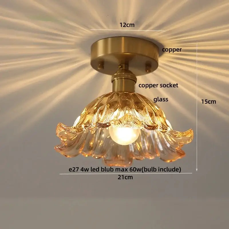 Delicate amber glass ceiling light with copper led socket and wood copper led mounting for dining room use