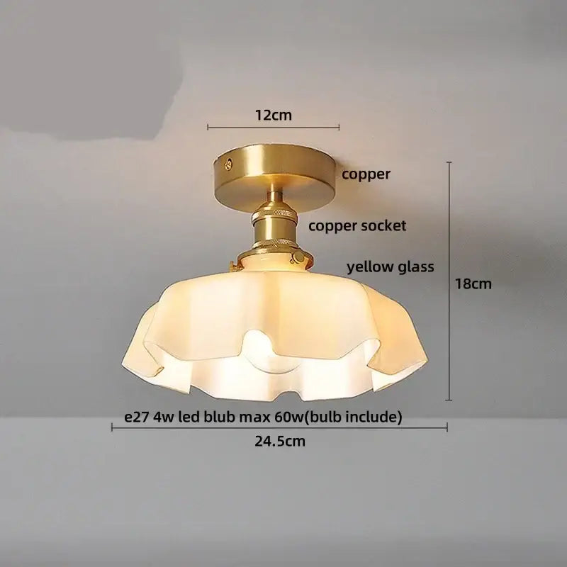 Vintage-style amber glass wood copper led ceiling light with a flared ruffled shade for dining room use