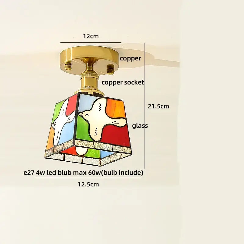 Amber glass wood copper led ceiling light with colorful stained glass and white dove motifs for dining room use
