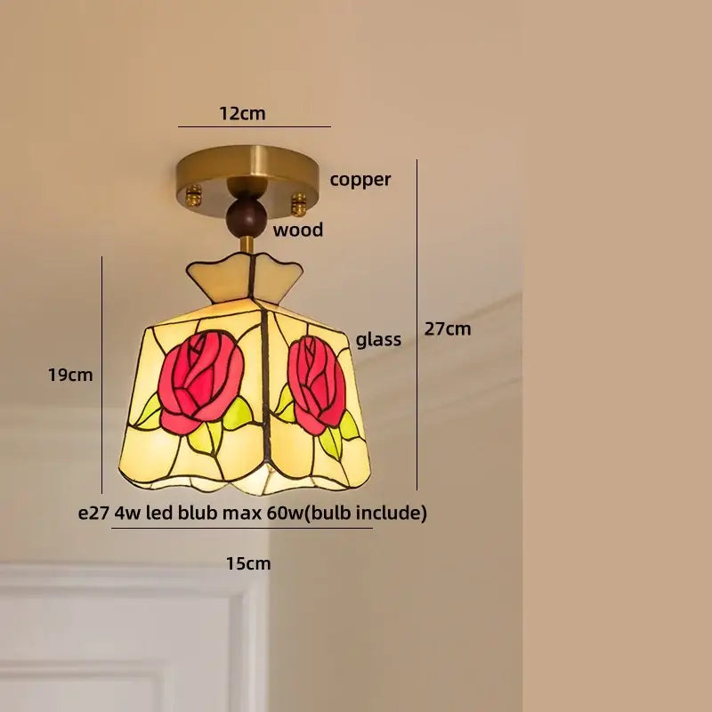 Amber glass wood copper led ceiling light with vibrant red rose motifs on warm yellow background for dining room