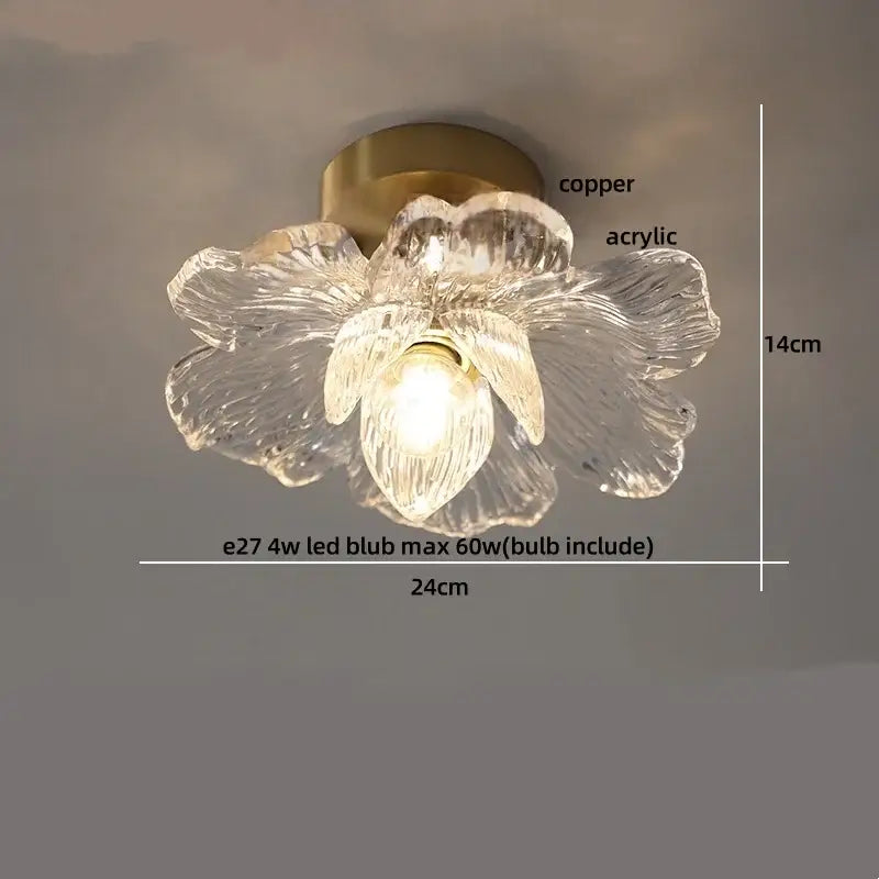 Clear acrylic flower-shaped ceiling light with copper base perfect for wood copper led ceiling dining room lighting