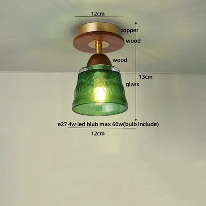 A green textured glass ceiling light with wood copper led fixture ideal for dining room illumination
