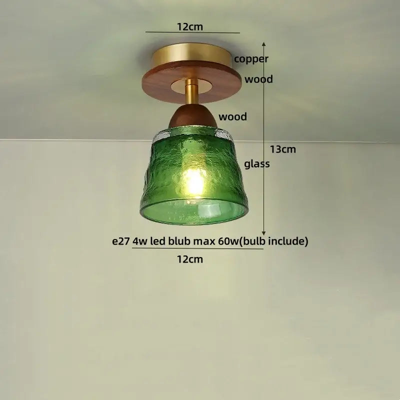 A green textured glass ceiling light with wood copper led fixture ideal for dining room illumination