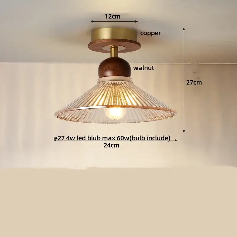 Amber glass wood copper led ceiling light with walnut accent and clear ribbed shade for dining room lighting
