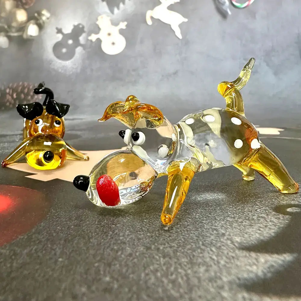 Translucent amber glass crystal cartoon puppy figurine with white polka dots and curled tail for bedroom decor