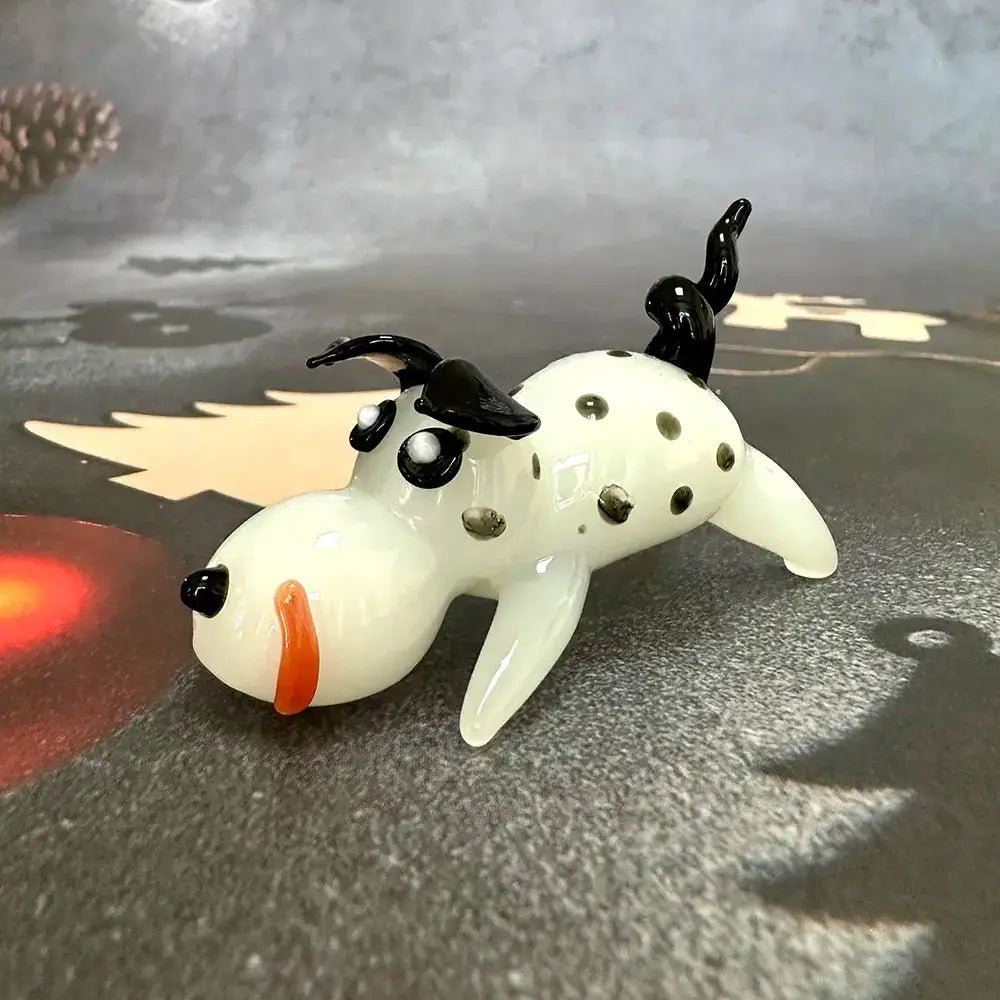 White glass crystal cartoon puppy figurine with black spots and orange tongue for bedroom decor or puppy figurine table