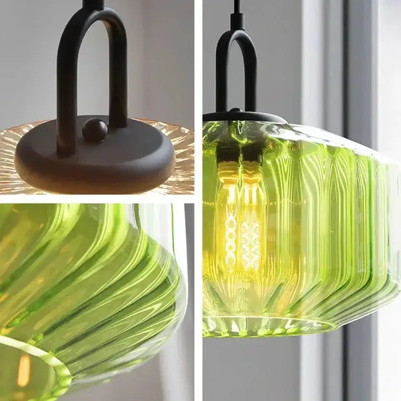 Vibrant lime green ribbed glass led pendant chandelier with matte black metal fixture for kitchen lighting