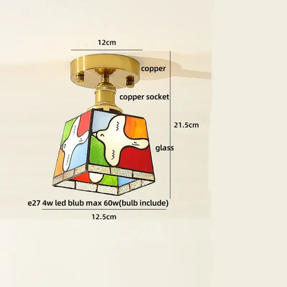 Colorful amber ice crack glass ceiling light with copper base featuring geometric white dove design for decorbites amber ice