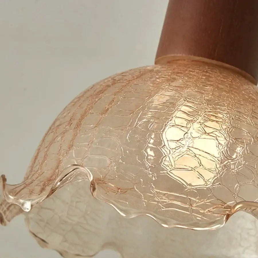 Amber ice crack glass wood ceiling light with a delicate amber-tinted crackled glass lampshade and scalloped edge