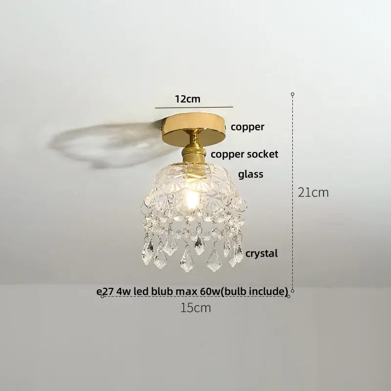 A delicate decorbites amber ice ceiling light with brass copper base and clear crystals for bedroom decor