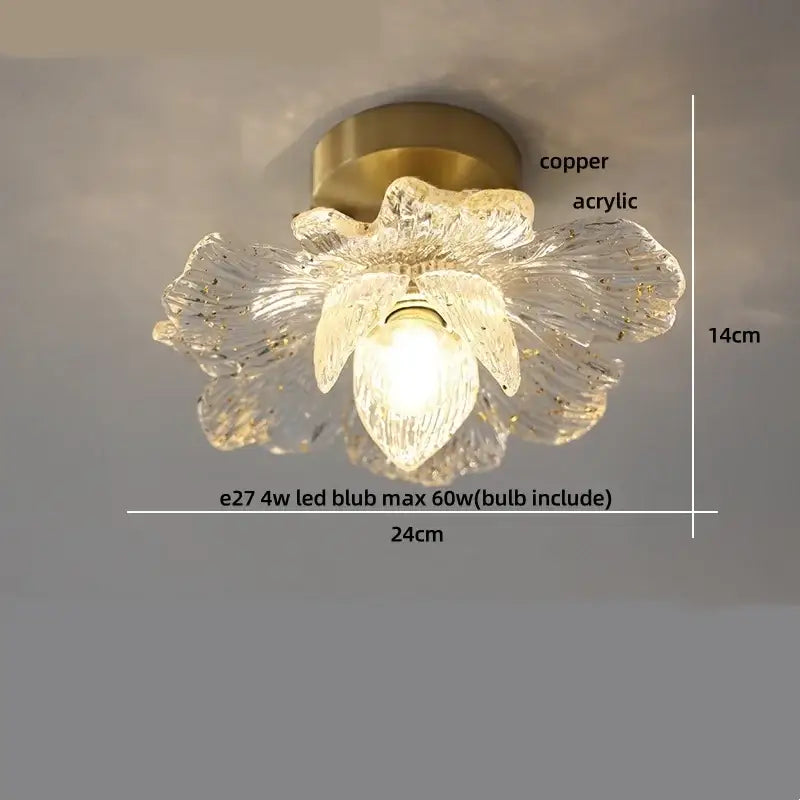 A delicate translucent amber ice crack acrylic flower ceiling light with a copper base by Decorbites for bedroom use