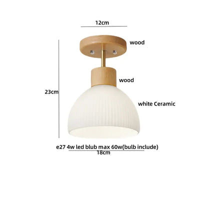 Minimalist ceiling light with natural wood mounting plate and white ceramic shade featuring vertical ridges for decorbites amber ice crack