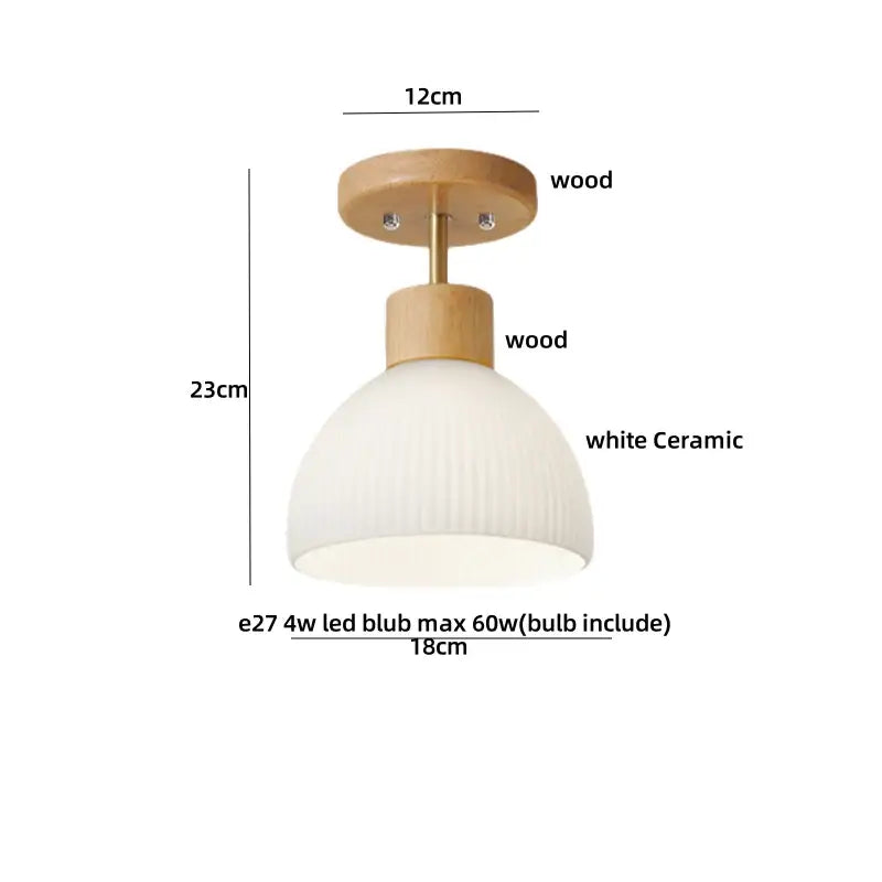 Minimalist ceiling light with natural wood mounting plate and white ceramic shade featuring vertical ridges for decorbites amber ice crack