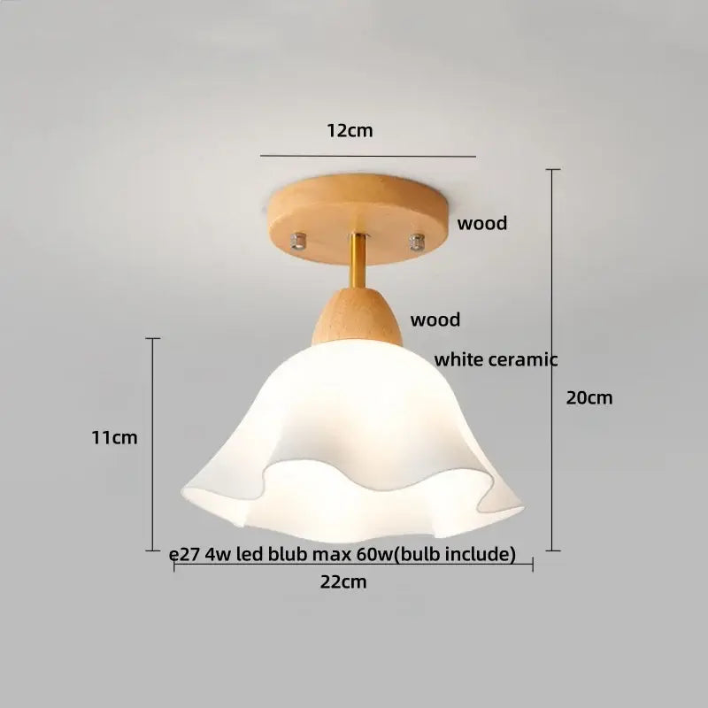 Minimalist ceiling light with warm wood base and white ceramic shade featuring decorbites amber ice crack design