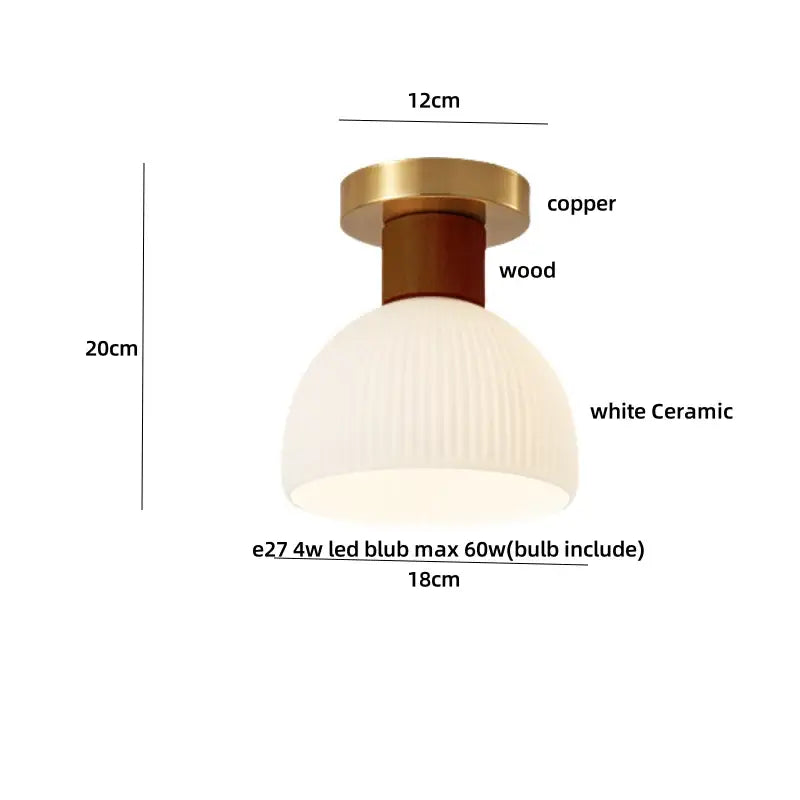 Modern ceiling light with copper base wooden ring and white ceramic shade featuring vertical ridges decorbites amber ice crack