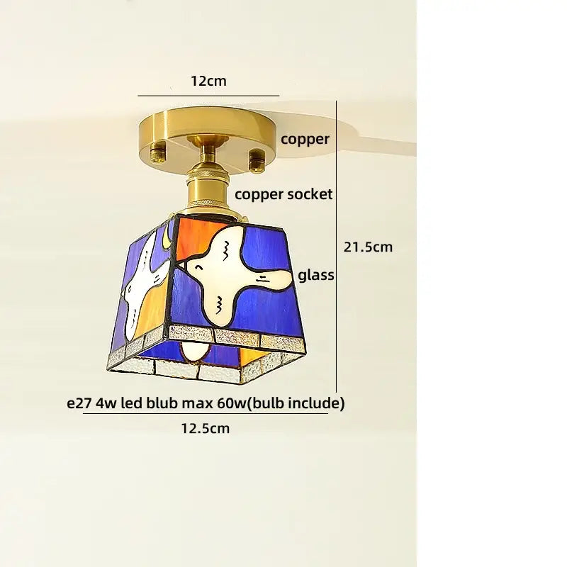 Amber ice crack glass wood ceiling light with copper fixture and white dove design on blue orange and purple panels by decorbites