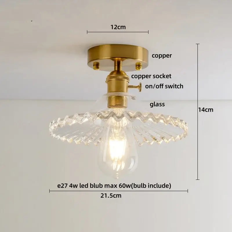 Vintage-style amber ice crack glass ceiling light with brass copper base and ornate scalloped shade for bedroom decorbites amber ice