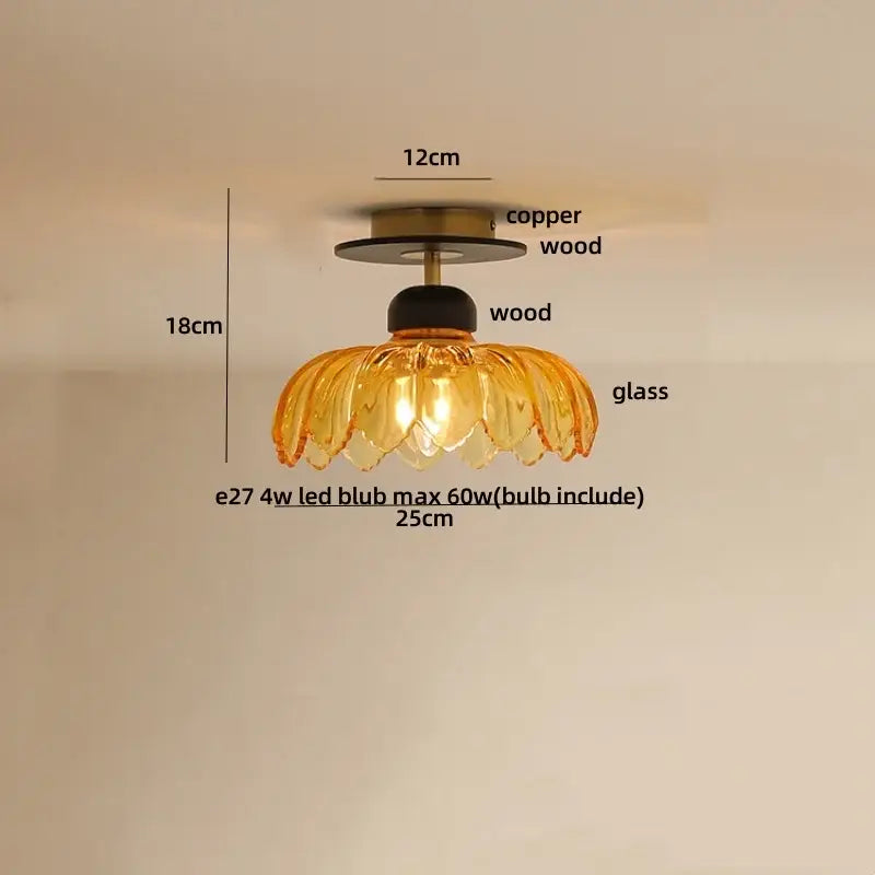 A warm amber ice crack glass ceiling light with copper and wood mounting base for bedroom decorbites amber ice